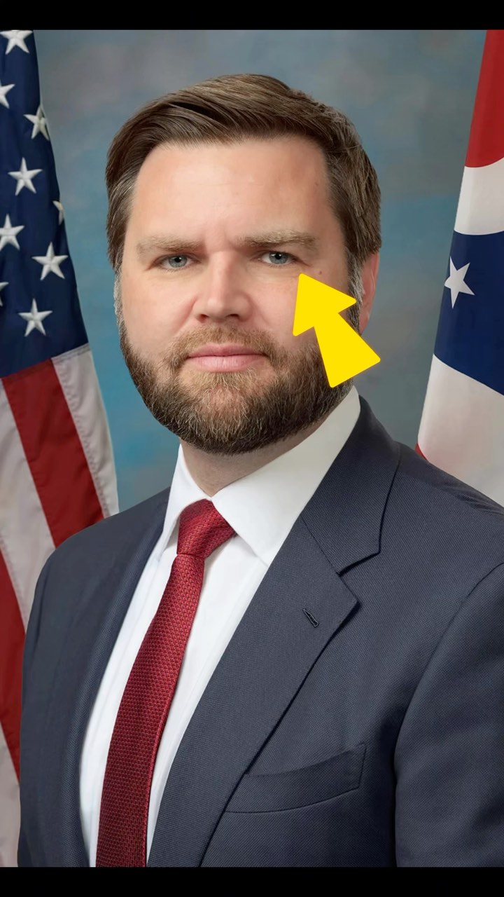 The cover image shows a portrait of JD Vance, a man with a beard and dark suit. He is centered in the frame with flags of the United States and the state of Ohio visible behind him. A yellow arrow is drawn over his right eye, drawing attention to his features.