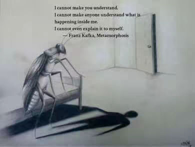 A sketch-like image features a large insect-like creature, possibly a cockroach, standing behind a small chair. The creature has a human-like posture, with its head and upper body upright, while a dark shadow stretches behind it. A quote attributed to Franz Kafka, "I cannot make you understand..." is superimposed on the image. The background is plain, suggesting a simple, possibly unfinished, setting with a doorway.