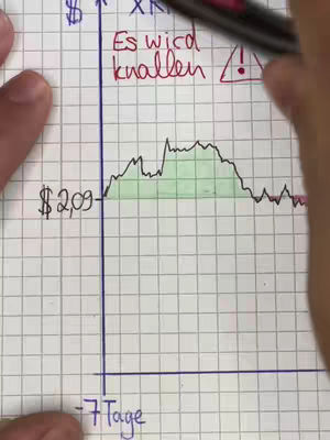 A hand-drawn graph on grid paper illustrating a stock prediction. The graph shows a fluctuating line, with text overlays in German.