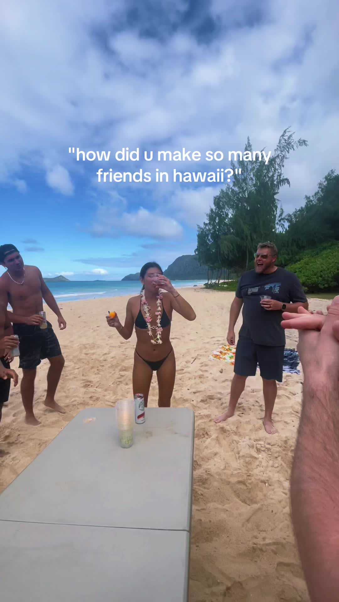 A beach scene with several people. A woman in a black bikini is smiling and holding a drink, with flower leis around her neck, other people are behind her, some in swim trunks and some in shirts. The background includes the beach, trees, ocean, and blue sky.