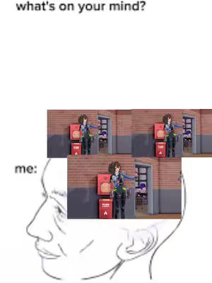 A meme-style image with text overlays. The background is white. A line drawing of a human head is on the left, with a thought bubble shape. Within the thought bubble is a collage of images featuring a character from Zenless Zone Zero standing in a doorway next to a red container.
