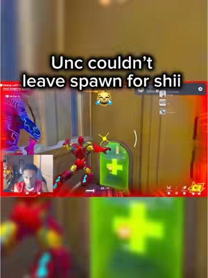 A video game scene is displayed. In the upper part of the screen, there is text in a black rectangle that says unc couldn't leave spawn for shii. In the bottom left corner, there is a creator's face.