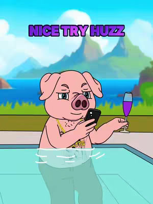 An animated image showing a cartoon pig in a pool, holding a phone and a drink. The pig is wearing a gold chain and the background shows a tropical landscape.