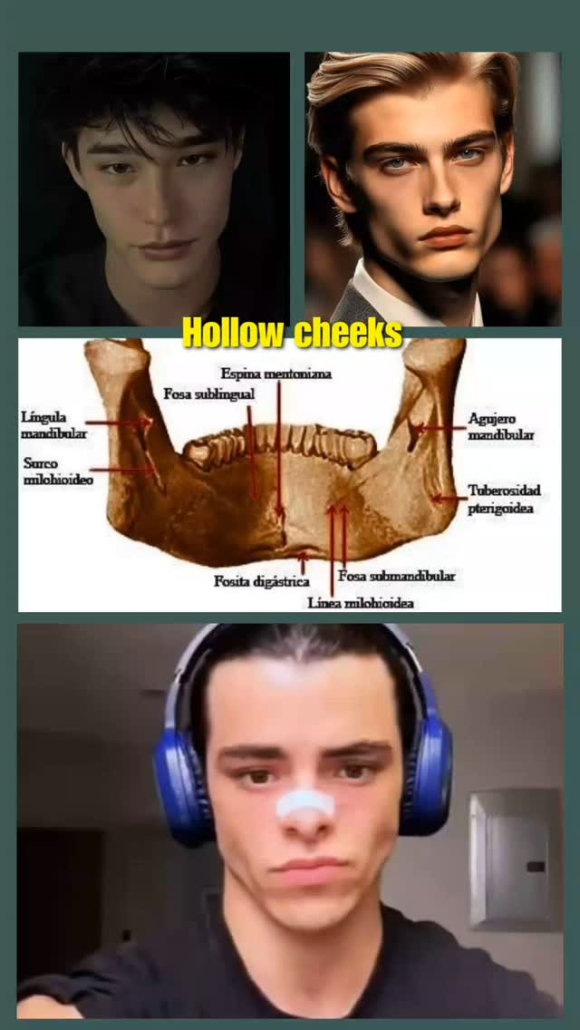 The cover image is a compilation, featuring images of men and anatomical diagrams. The top section is split into two portraits of men with well-defined jawlines, set against dark backgrounds. Central to the composition is an illustration of a jawbone with labeled anatomical parts, like 'Fosa sublingual' and 'Agujero mandibular'. Below this, a person wearing headphones and a bandage on the nose gazes directly into the camera. The text overlay, 'Hollow Cheeks', is in a bold, yellow font.
