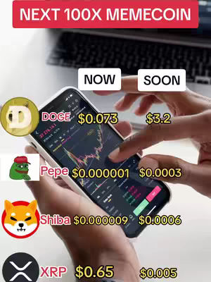 A person holding a smartphone displaying a cryptocurrency price chart. The phone screen showcases various meme coins with their current and potential future values. Overlayed are the logos of Doge, Pepe, Shiba and XRP.