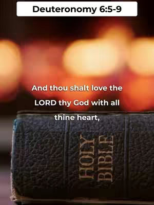 The cover image displays a close-up of a Bible with the words "HOLY BIBLE" visible. Above the Bible is a blurred, warm-toned background, possibly of lights. Text overlays highlight the biblical passage Deuteronomy 6:5-9 and a portion of the passage itself.