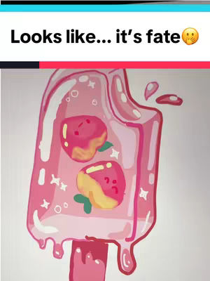 The image features a drawn pink ice pop with two peach-colored fruits inside. The ice pop has a melted texture, with drips running down. Accompanying it are sparkles and a wooden stick. Above the ice pop, the text 'Looks like... it's fate' is written in capital letters, along with an emoji.