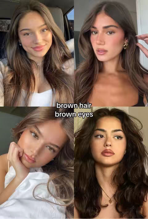 The cover image is a four-panel collage of a young woman with brown hair and brown eyes. Each panel is a different selfie from different angles and settings, showcasing her different expressions. The text overlay says "brown hair brown eyes".