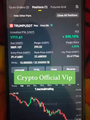 A smartphone screen displaying a crypto trading app. The screen shows real-time data related to the TRUMPUSDT pair, including price movements, profit and loss (PNL), and trading indicators. A green banner at the bottom with the text 'Crypto Official Vip'