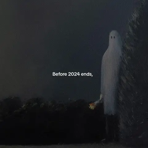 A stylized image with a dark, blurred background suggesting a night scene. A tall, ghost-like figure, rendered in shades of grey, stands on the right side. The figure has a simple, oval face and a long, flowing body. Text in white is placed in the center of the image. The overall composition is somewhat surreal and melancholic.