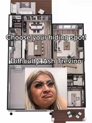 An overhead view of a home's layout, with text overlay and a face of a woman, making a disgusted face. The layout shows various rooms, with furniture and features indicated. The text suggests a game or challenge related to the layout and the woman's face is likely used for comedic effect.