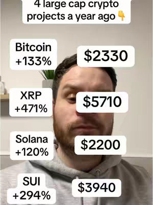 The cover image features a man's face in the center, overlaid with several white rectangular boxes. Each box presents data related to cryptocurrency investments. At the top, text reads "4 large cap crypto projects a year ago." The image uses a mix of fonts and placements to call out key values.
