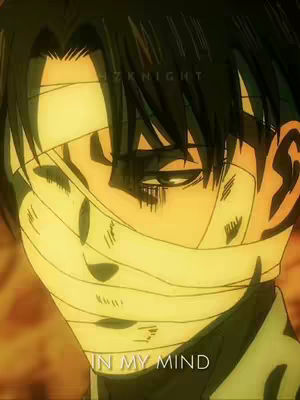 The cover image features a close-up of a male anime character, likely Levi Ackerman from Attack on Titan, with bandages around his head and face. He has a serious expression, with visible eye details and dark lines indicating tears or shadows. The background is a blurred yellow, and the overall composition has a somber, intense mood.