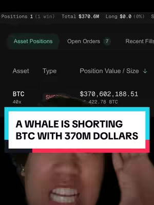 The image is a screenshot of a financial trading platform showing a large Bitcoin position. A text overlay in a colored box highlights the position and the trader's actions. In the lower third, the face of the creator, a young woman, is visible with an open mouth, expressing shock.