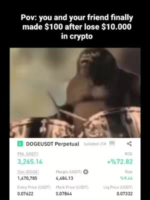 The image shows a meme depicting a drummer enthusiastically playing. Overlayed text indicates the video is about crypto trading and the sentiment is humorously relating to a gain after a loss.