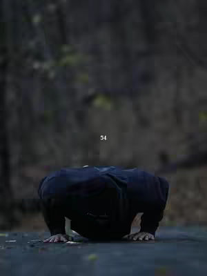 The image shows a person in a hooded sweatshirt doing push-ups on a concrete surface, their face is not visible, and the background is blurred, suggesting a natural setting. There's a small white number '54' positioned above them.