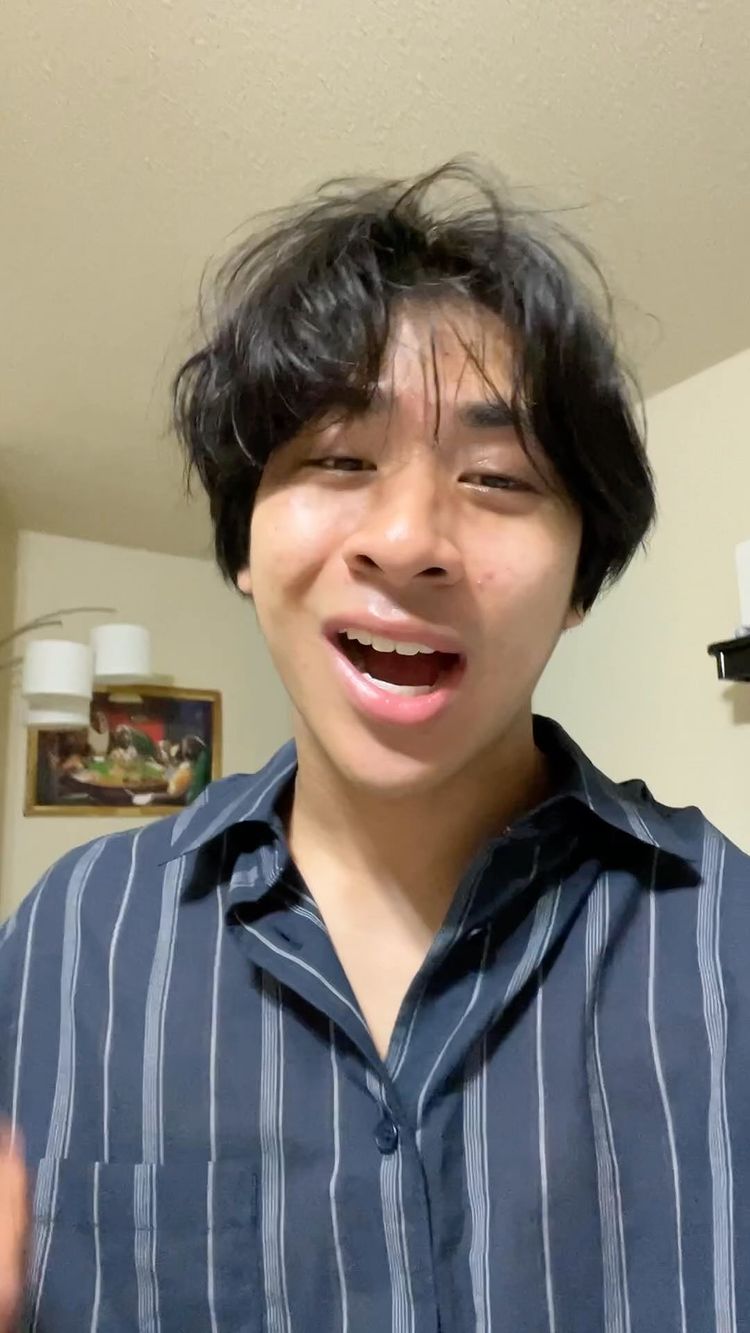 A young man with dark, messy hair is centered in the frame, looking directly at the camera with an open mouth as if speaking. He's wearing a blue and white striped button-down shirt. The background includes warm-toned walls, a ceiling, and a piece of artwork.