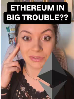 A selfie-style cover image featuring a woman with large, surprised eyes and a finger pointing towards her head. Above her is a black bar with white text that reads 'ETHEREUM IN BIG TROUBLE??'. To the right of the woman is a stylized, three-dimensional Ethereum logo in shades of dark and light gray.