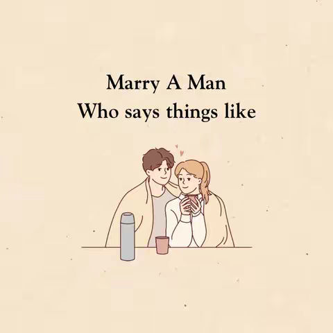An illustration depicting a couple in an intimate embrace, set against a soft, beige background. The man, with short brown hair, wraps his arm around the woman, who has blond hair styled in a ponytail. They are partially covered by a beige blanket. A text overlay at the top reads, 'Marry A Man Who says things like'. Beneath them are a thermos, a mug, and another cup on a table. The image has a simplistic style, with clean lines and soft colors.