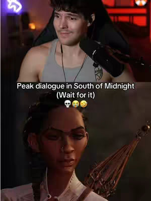 The cover image is a split frame. The top half shows a man in a grey tank top, seated with a microphone in front of him, smiling and looking off to the side. The background of his setting appears blurry, with hints of a computer screen and a warm glow. A stylized tattoo is visible on his arm. The bottom half presents a rendered character from a video game, showing a dark-skinned person with distinct features and ornate design elements, in a pose that suggests contemplation or observation. The combined image layers evoke a reaction to a video game scene.
