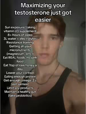 The cover image shows a young man in a black tank top, looking at the camera, with text overlayed. The text is a list of tips for maximizing testosterone. The background appears to be a blurred, neutral tone.