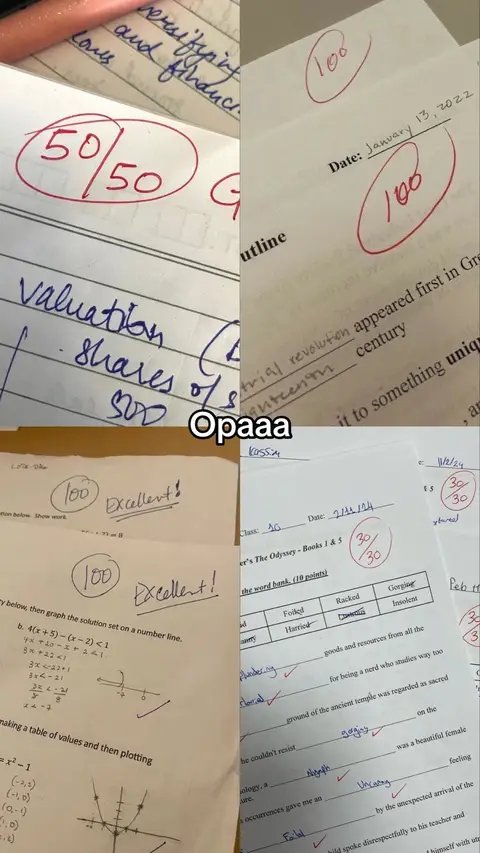 A collage of images showing graded papers, with multiple scores of 100 and 50/50, marked with red circles, and featuring handwritten notes and equations. There are multiple images on the screen.