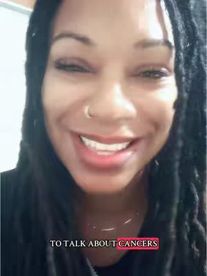 A close-up shot featuring a woman with long, dark dreadlocks. She is smiling with her teeth showing. The text overlay says, "TO TALK ABOUT CANCERS" in a rectangular red box.