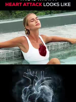 The image is split into two sections. The top half shows a woman in a white swimsuit, sitting in a pool with a dark red, stylized heart superimposed over her chest. The bottom section displays a digital illustration of a glowing human heart.