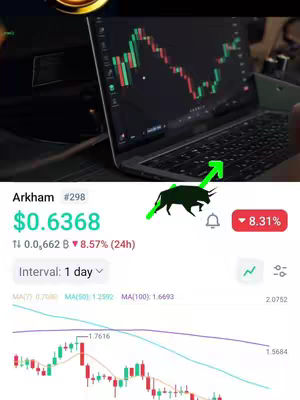 The image presents a cryptocurrency trading interface featuring a laptop displaying a chart, key financial data, and a bullish graphic overlayed. The chart consists of red and green candlesticks, and the bottom displays trendlines and moving averages. Essential data like price, a bull symbol, performance metrics, and a down arrow showing a loss are present.