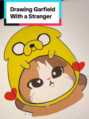 A close-up illustration featuring a cat wearing a yellow hat resembling the character Jake from Adventure Time. The cat has brown and white fur, with heart-shaped pupils, and is positioned in the center, with the hat on its head. The illustration is set against a plain white background. Above the cat, a block of text reads 'Drawing Garfield With a Stranger'. The color palette uses bright yellows, reds, and browns.