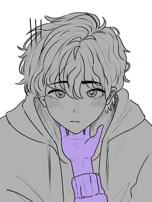An illustration of a young person's face, looking downwards. A hand is touching the chin with blushing cheeks. The background is solid white.