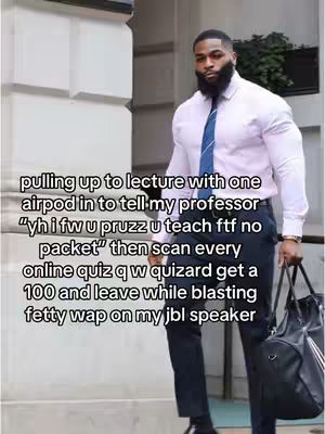 A man in a light pink dress shirt, navy pants, and a tie and black carrying bag is standing outside a building with white pillars. Text is overlaid on the image.