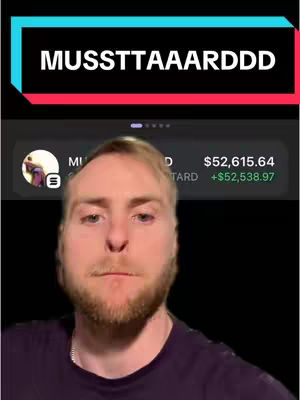 A man with a beard is shown in the foreground, with an app interface visible behind him, displaying financial data. A text overlay at the top says "MUSSTTAAAARDDD".