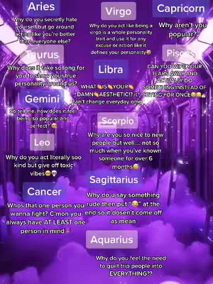 A purple-toned image with text boxes arranged across a purple background with what looks like clouds. Each text box has a zodiac sign, and a question associated with the sign.