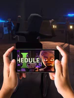 A person holding a smartphone displaying a cartoon image of a person with text overlaid, set against a background resembling a police scene with blurred figures.