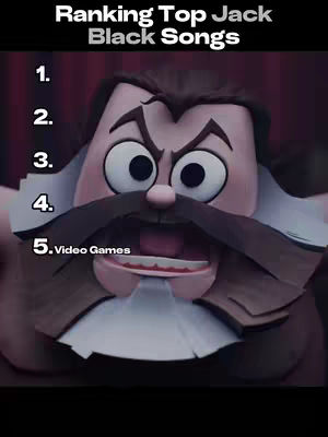 The image is a stylized, animated close-up of a character resembling Jack Black. The character has a large, expressive face with a prominent mustache and a wide-open mouth showing teeth. Above the character's face are superimposed, bold, white text that reads 'Ranking Top Jack Black Songs' and numbered list: 1., 2., 3., 4., and 5. with 'Video Games' listed below 5.. The background is a blurred dark red, suggesting a stage or performance setting.