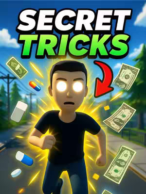 The cover image features a cartoon character with glowing eyes, running forward with a determined expression. The central figure is in the middle, surrounded by radiating yellow light. The background shows a street scene and a blue sky. The words 'SECRET TRICKS' are at the top in bold, a white and green gradient font. Other elements include dollar bills and pills that appear to be flying around the character.