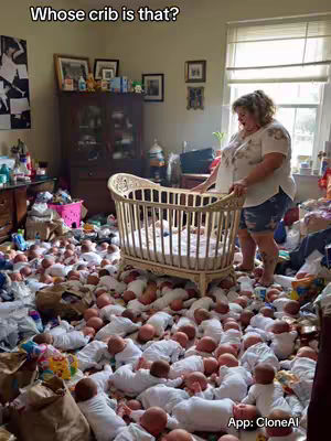 A woman stands next to a crib in a cluttered room filled with baby dolls. The room is in a state of disarray, with items strewn about. The image has a humorous or surreal quality.