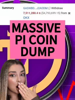 The cover image features a woman with dark hair holding a hand over her mouth in a surprised or shocked gesture. Behind her is a pink rectangle with the text "MASSIVE PI COIN DUMP" in bold, black capital letters. Further in the background are elements that appear to be part of a data chart or analysis, with purple and gold colors. The overall layout uses bold colors and text to draw attention, focusing on the woman's expression and the urgent message about a cryptocurrency event.