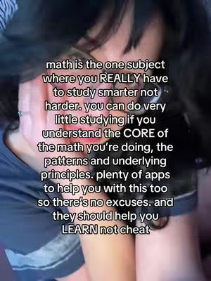 The cover image shows a person's face, partially obscured by their hands. The person has black hair. Overlayed on the image is text with a message about studying math.