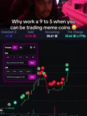 The cover image shows a man in a selfie-style video. Overlayed text states, 'Why work a 9 to 5 when you can be trading meme coins.' The man is centered at the top of the frame, with a digital trading interface behind him. The interface has metrics for investments, profits, and a fluctuating graph.