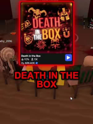 The cover image showcases a Roblox game interface, centered on a title screen reading "Death in the Box." The title is emphasized with a bold, red font, and the background contains several icons and graphics representing various gameplay elements such as a money bag, shield, and skull. The game title is surrounded by a red rectangular frame, and a smaller interface at the bottom provides game stats and developer information, including a play button. The background suggests a casual setting with virtual chairs and a table.