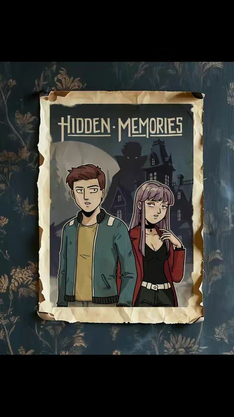 A poster-style image for a game titled 'Hidden Memories.' The stylized artwork features a young man and woman in the foreground, both looking forward with serious expressions. Behind them, a silhouetted figure stands in front of a haunted house, indicating a suspenseful theme.