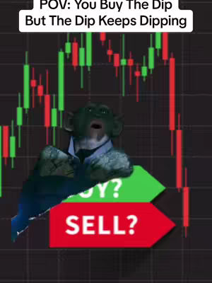 The image is designed for a meme, overlaying text and a surprised-looking green creature onto a stock chart background. The text above the creature reads, “POV: You Buy The Dip But The Dip Keeps Dipping.” Below the creature, two directional arrows are shown, one green labeled “BUY?”, and the other red labeled “SELL?”. The background is a standard stock chart with green and red bars.