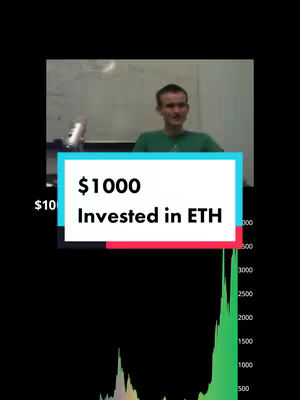 The cover image features a man in a green shirt sitting in front of a white board. Overlayed on the image is a box containing text that reads '$1000 Invested in ETH'. Behind the text box is a chart showing a graph of a crypto currency value rising over time.