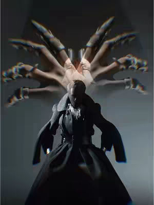 A stylized image of a person in a dark, flowing robe with multiple superimposed hand positions radiating outwards. Their face is obscured, adding to the mysterious atmosphere. The backdrop is a gradient of grays.
