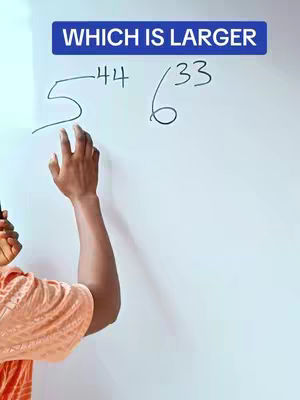 The cover image shows a person's arm and hand reaching toward numbers written on a whiteboard. Above, a blue banner contains the text, 'WHICH IS LARGER?' The numbers are '5^44' and '6^33', which is a math comparison.