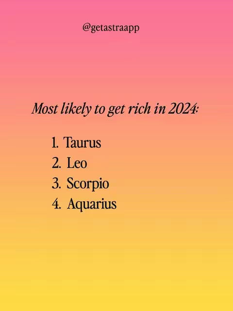 An image with a gradient background transitioning from pink to orange to yellow. Text overlayed on the background lists a ranking of zodiac signs, the most likely to get rich in 2024.