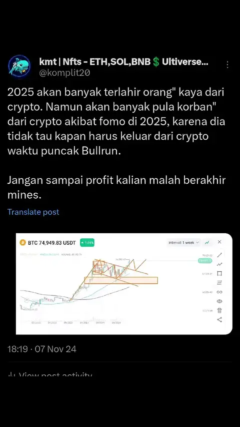 The image is a screenshot of a cryptocurrency-related tweet with a stock chart in the lower portion. The upper part displays the tweeter's handle, profile image, and a tweet stating that in 2025 many will become wealthy from cryptocurrency, and also many will become victims of crypto due to FOMO. The lower part of the image shows an upward trending stock chart.