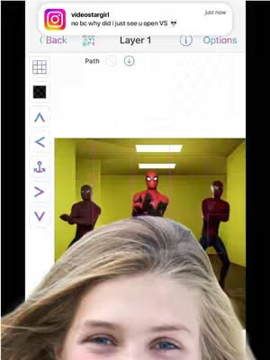The cover image shows a young girl with blonde hair, her face partially visible at the bottom, framing the scene. Behind her, three Spider-Man figures stand in a yellow-lit, slightly surreal corridor. The middle Spider-Man is in a traditional Spider-Man pose. The background contains a UI for the Video Star App, showing the instagram profile of the user where the instagram profile of the user who it's displayed on the app.